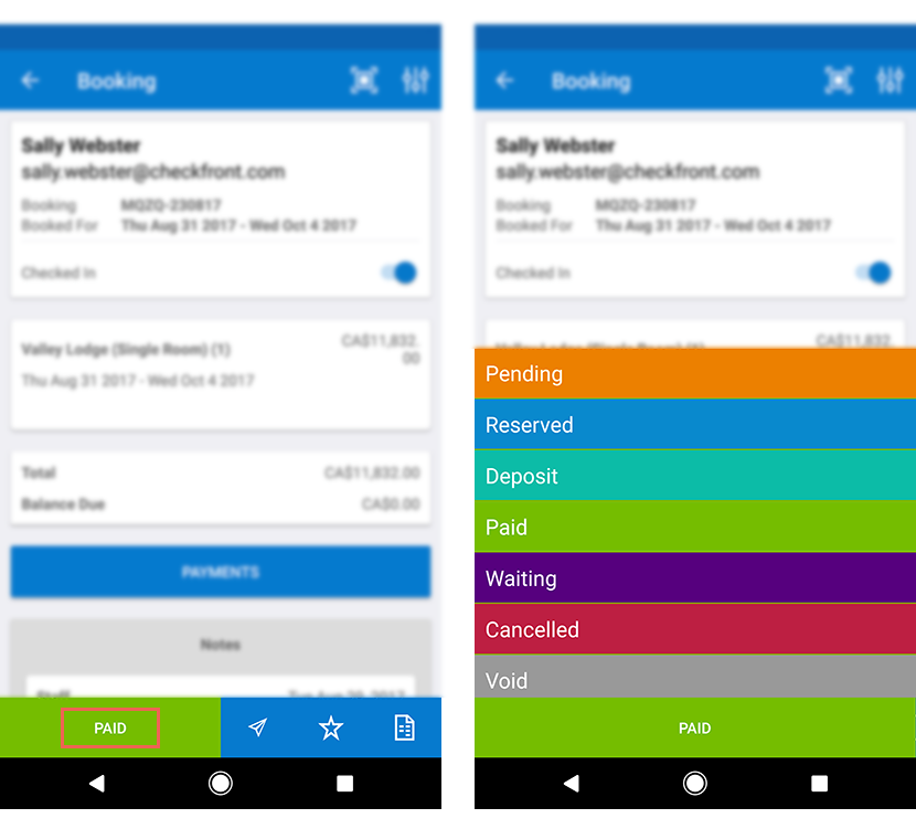 Booking detail screen on the left showing Sally Webster with Paid status highlighted, and on the right status options menu displaying Pending, Reserved, Deposit, Paid, Waiting, Cancelled, and Void.