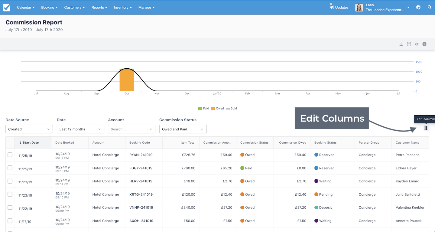 Commission report with arrow label pointing to edit columns icon for customizing visible report fields.