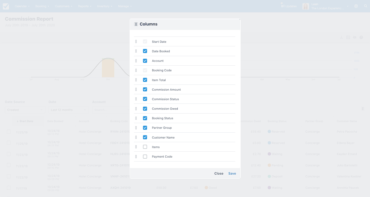 Columns settings window displaying checklist of report fields with save and close options.