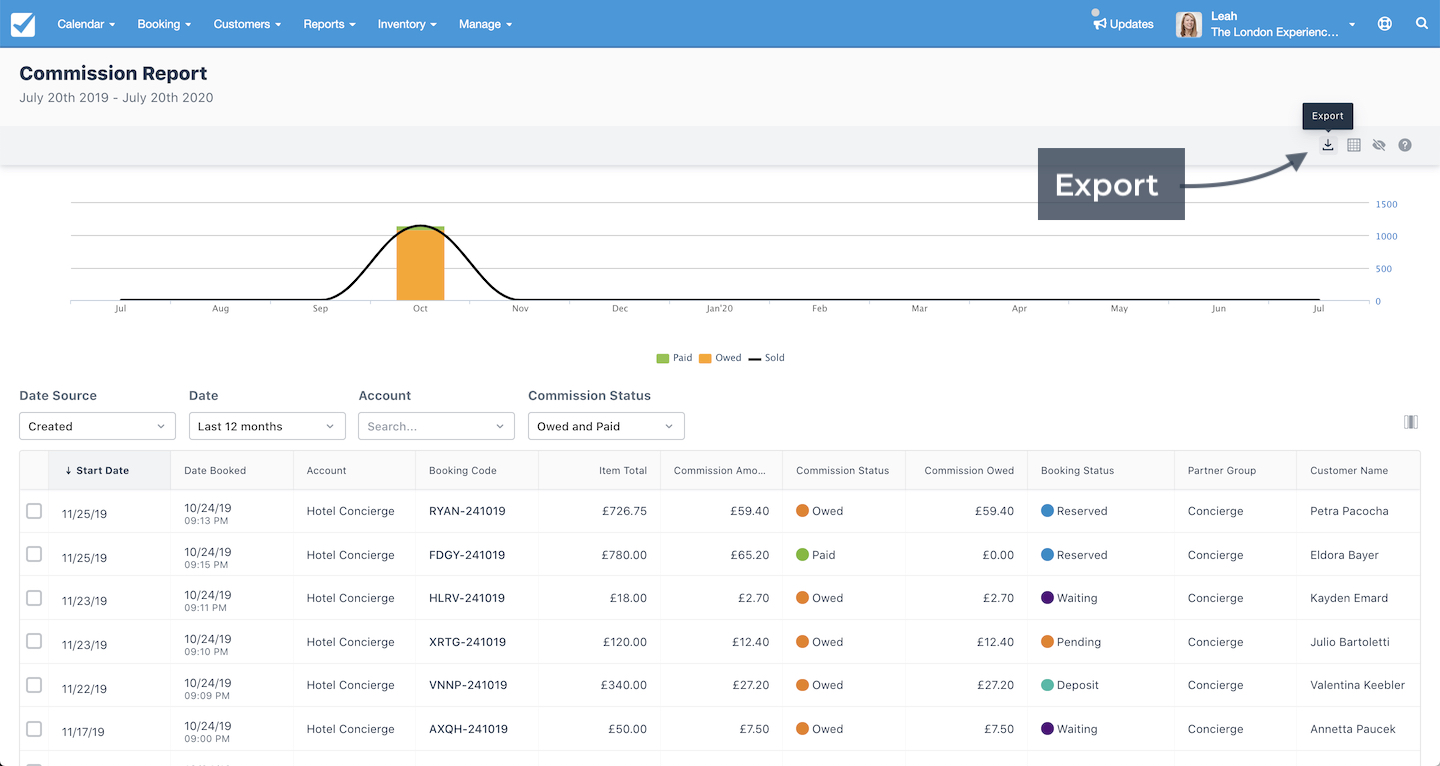 Commission report with arrow pointing to export icon for downloading report data.
