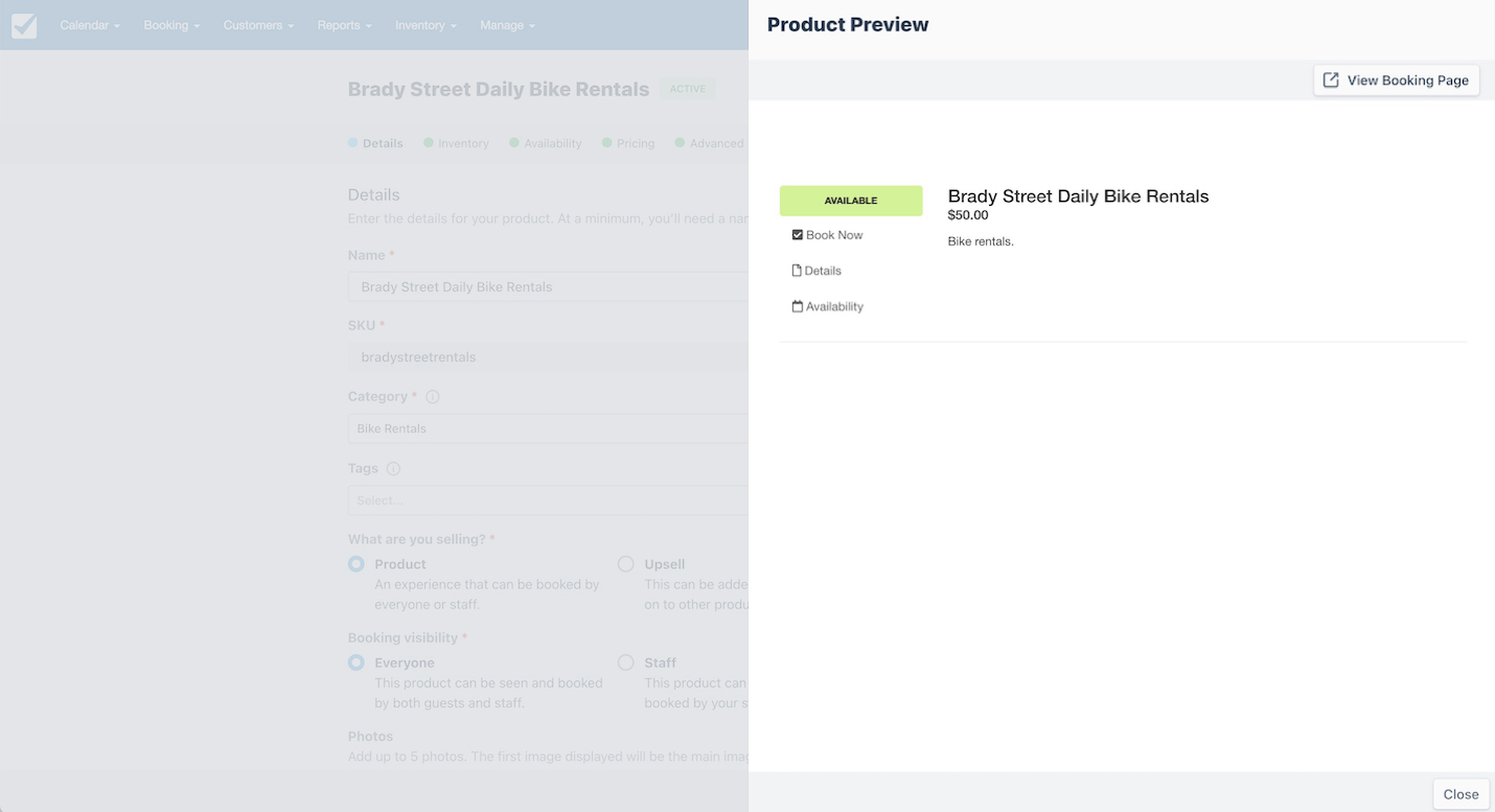 Product preview window showing Brady Street Daily Bike Rentals with booking, details, and availability options.