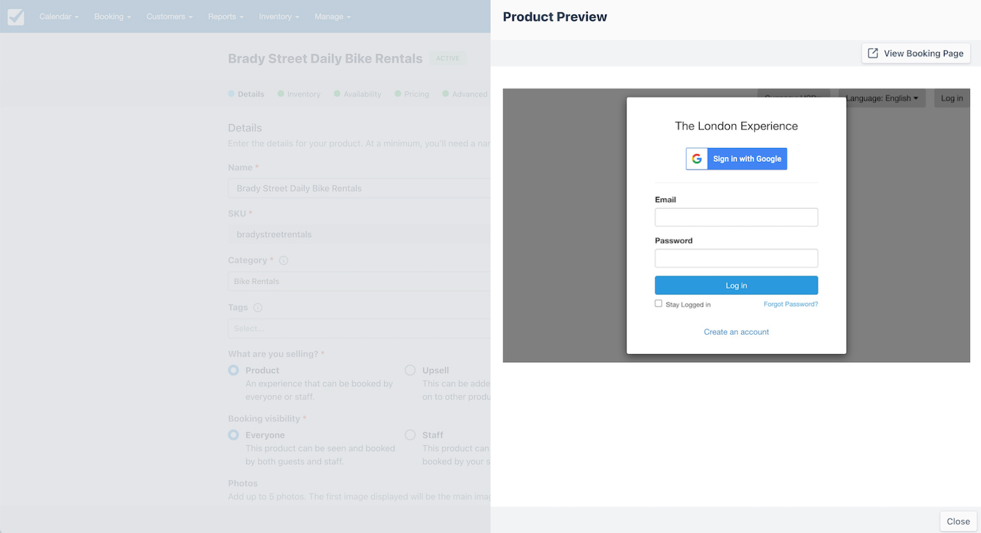 Product preview window displaying login screen requiring email and password to access The London Experience booking page.