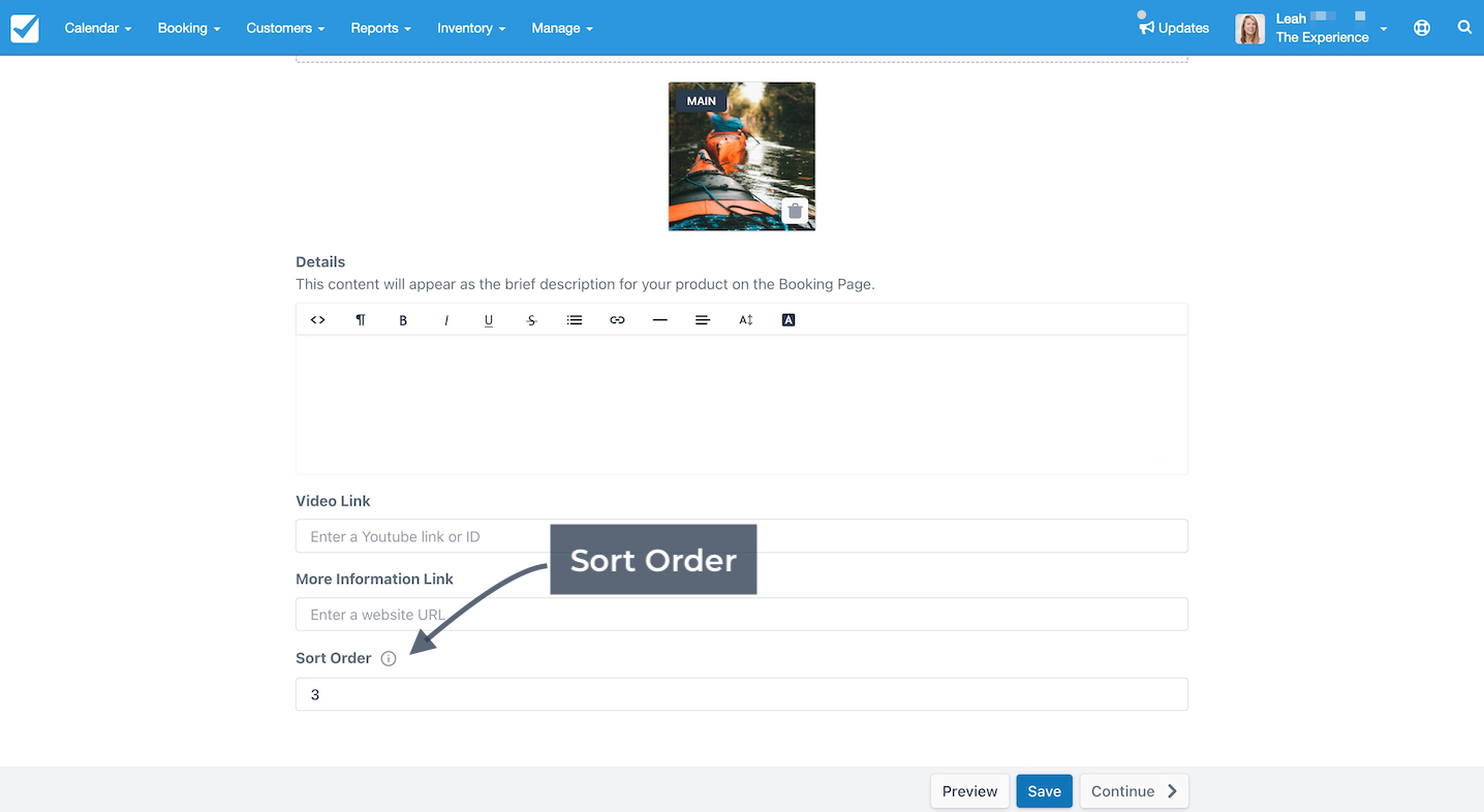 Product details page with the Sort Order field highlighted showing the value 3 to set product display sequence.