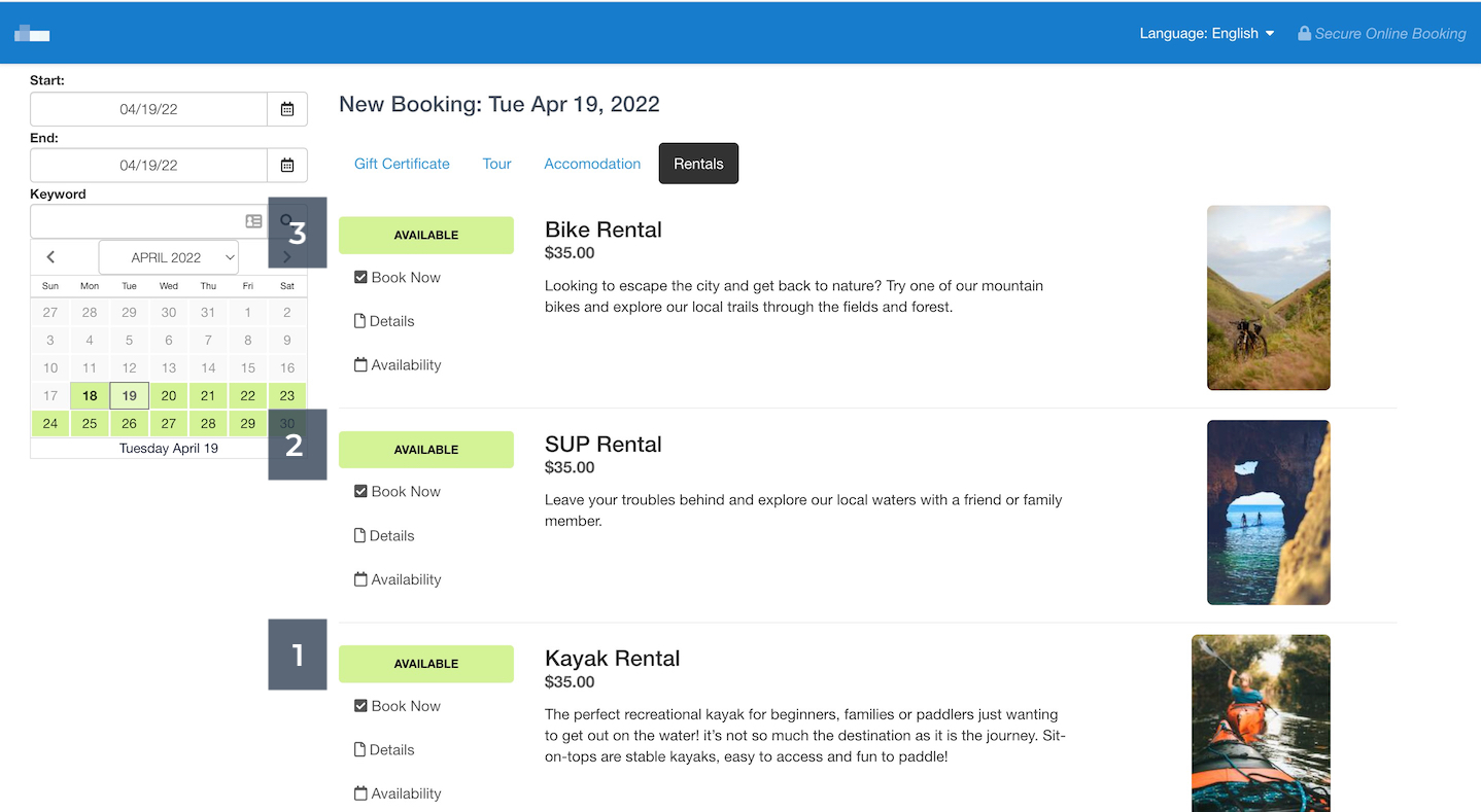 Booking page showing rentals listed with sort order applied, displaying Bike Rental first, SUP Rental second, and Kayak Rental third.