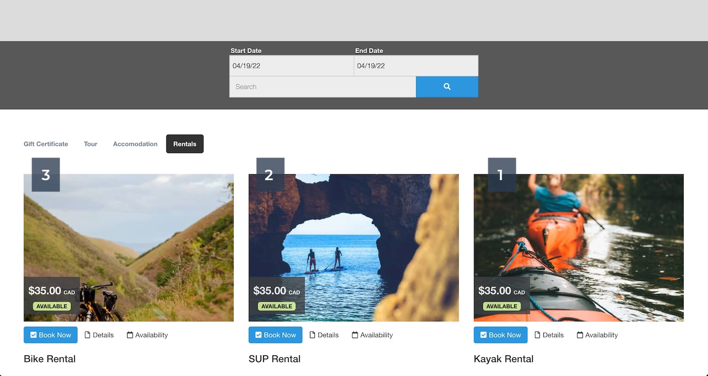 Booking page showing rental products Bike Rental, SUP Rental, and Kayak Rental displayed in order with images, price, and booking options.