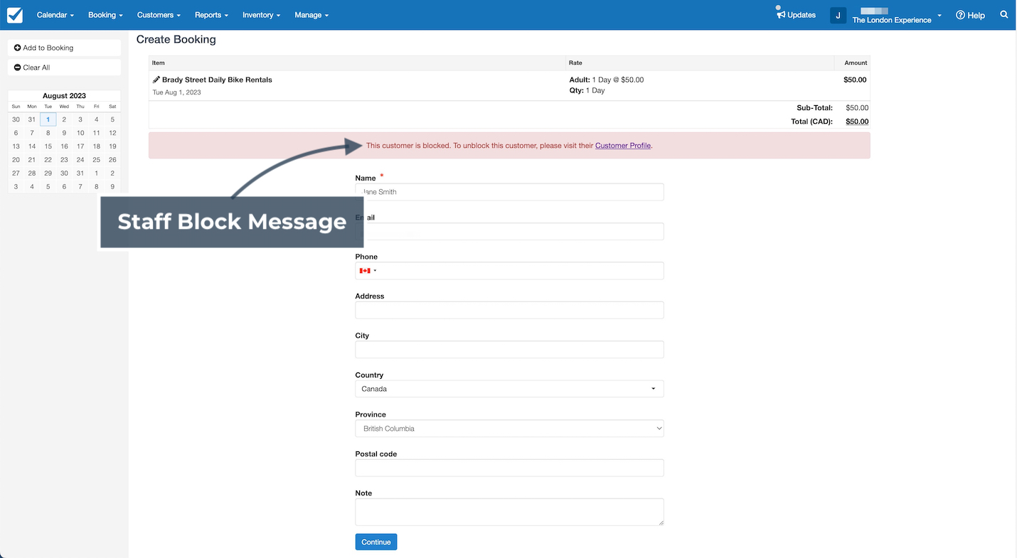 Customer Block Staff Message