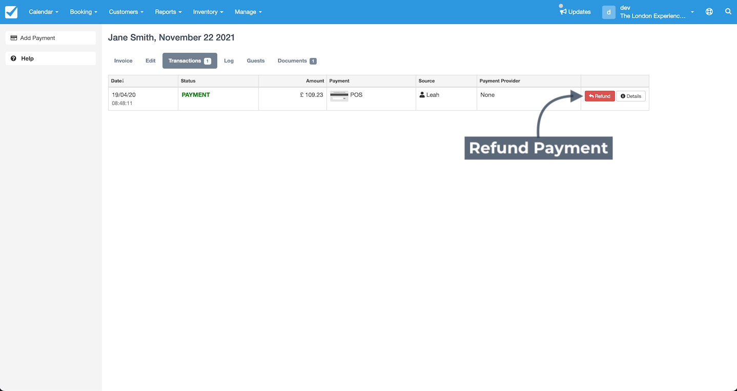 Refund payment button highlighted on the transactions tab showing a completed payment with refund option