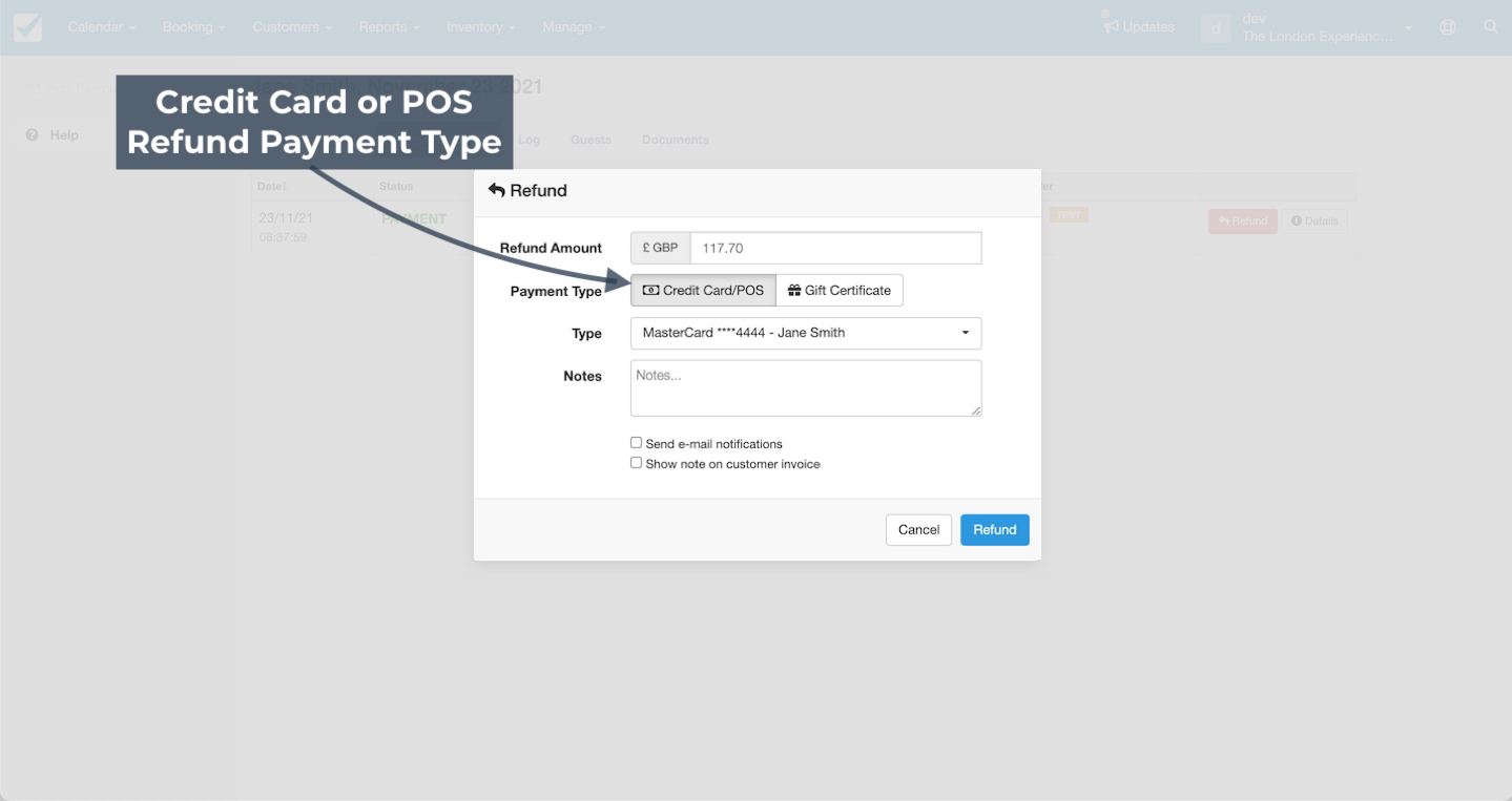Refund window showing credit card or POS refund payment type selected with MasterCard