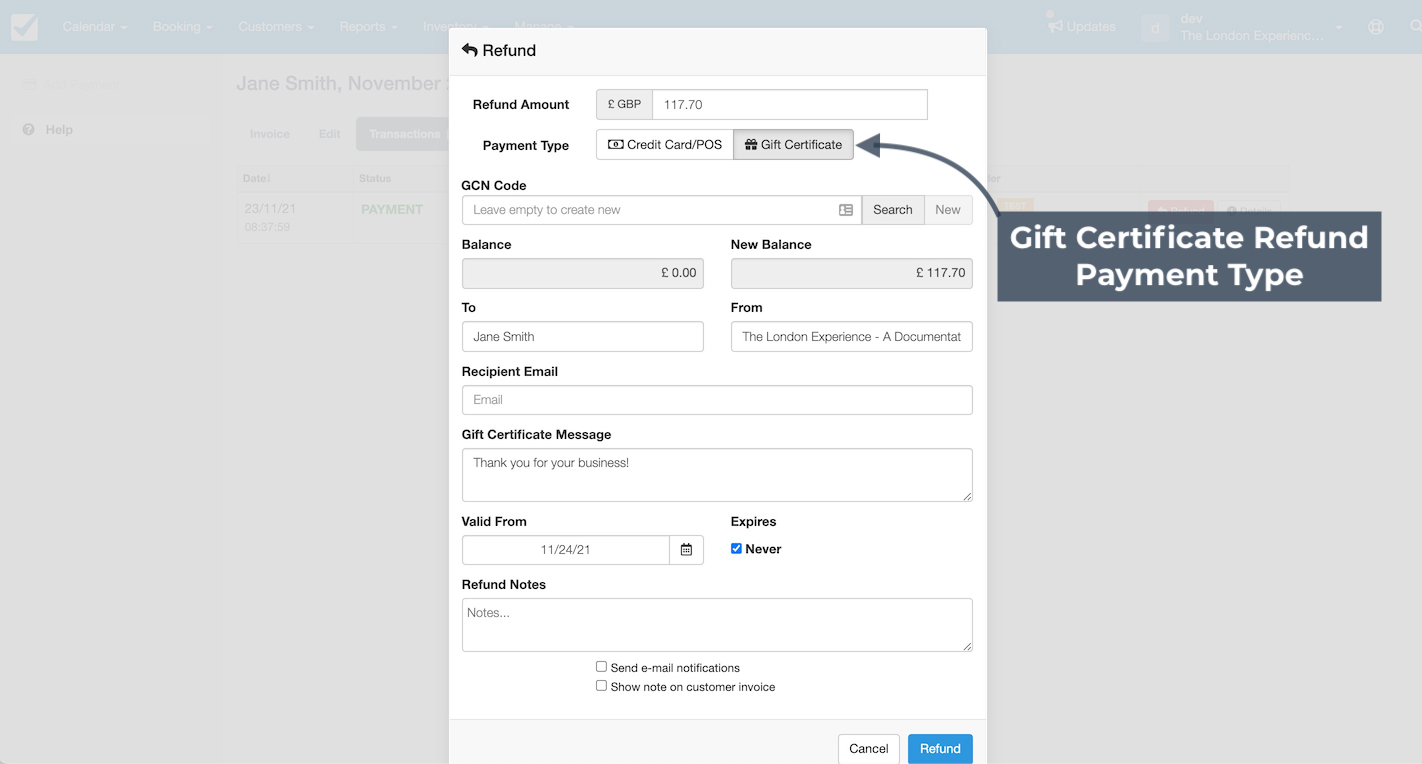 Refund window showing gift certificate refund payment type with balance fields and email entry