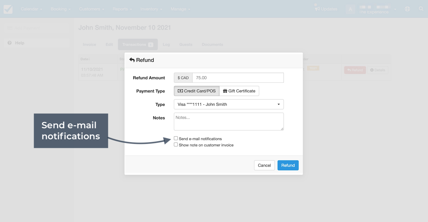 Refund window with send email notifications option highlighted for processing refunds