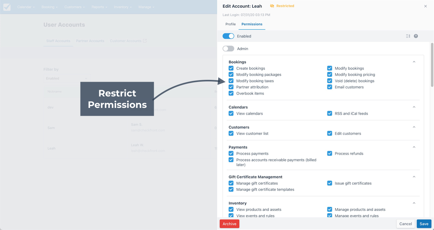 The staff account permissions panel displays restricted inventory options including items, events, and notifications management.