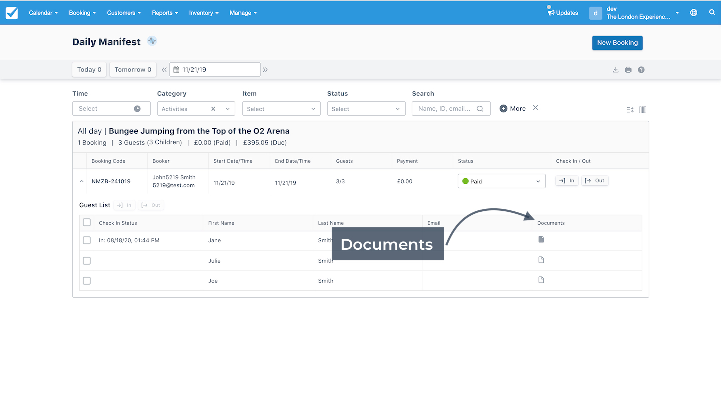 Daily manifest guest list for a bungee jumping booking with an arrow pointing to the Documents column showing uploaded files for each guest.