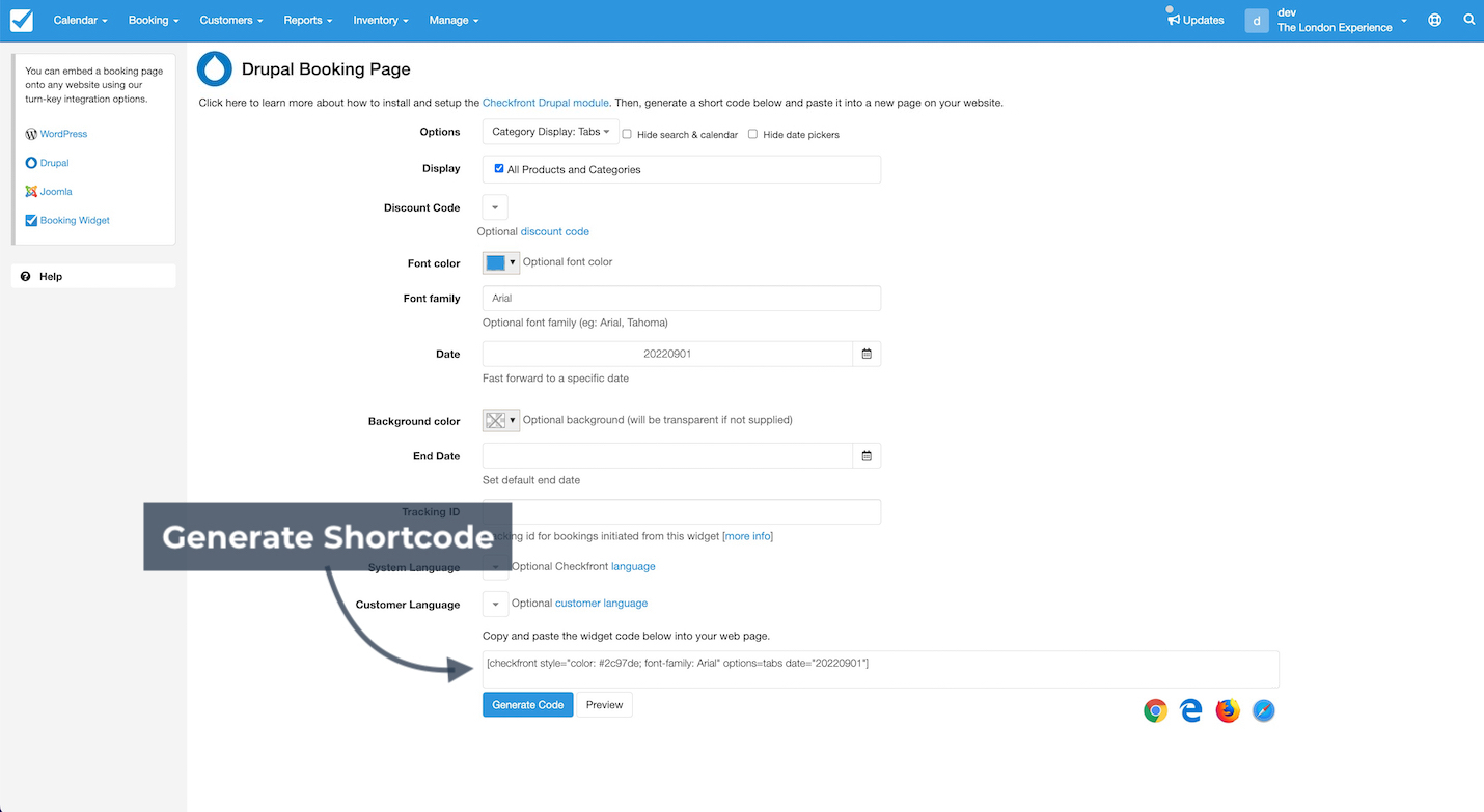 Drupal booking page settings screen with Generate Shortcode button highlighted by an arrow.