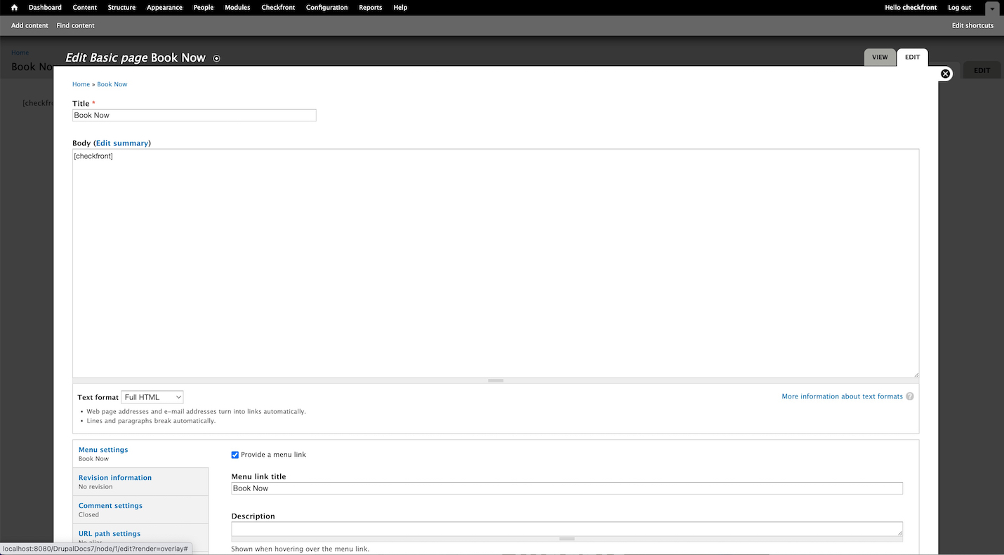 Drupal content editor showing a new page titled Book Now with a Checkfront shortcode entered in the body field.