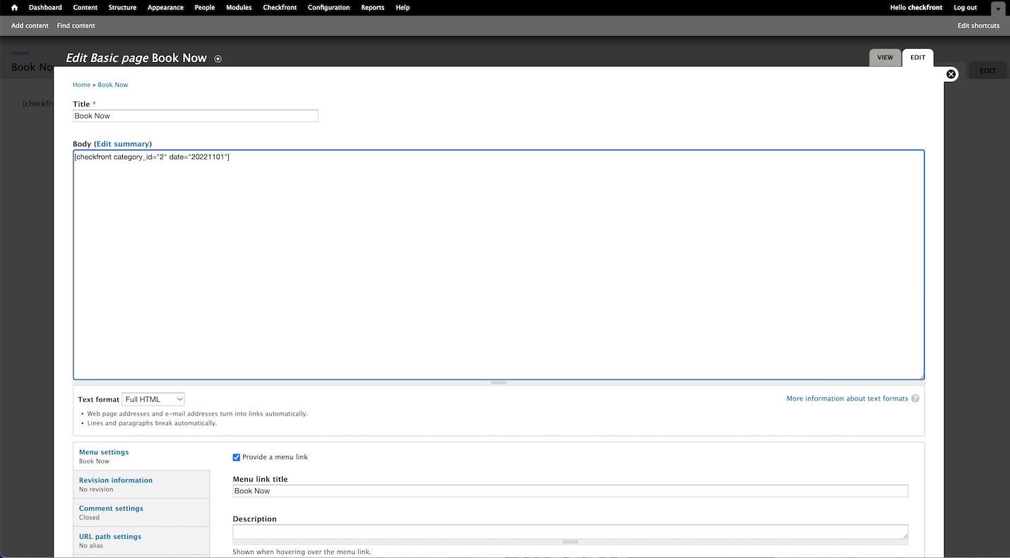 Drupal content editor page with a Book Now title and a more detailed Checkfront shortcode including category ID and date in the body field.