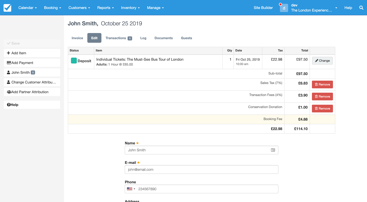 Booking details page showing John Smith’s reservation with itemized charges, taxes, fees, and customer contact information.