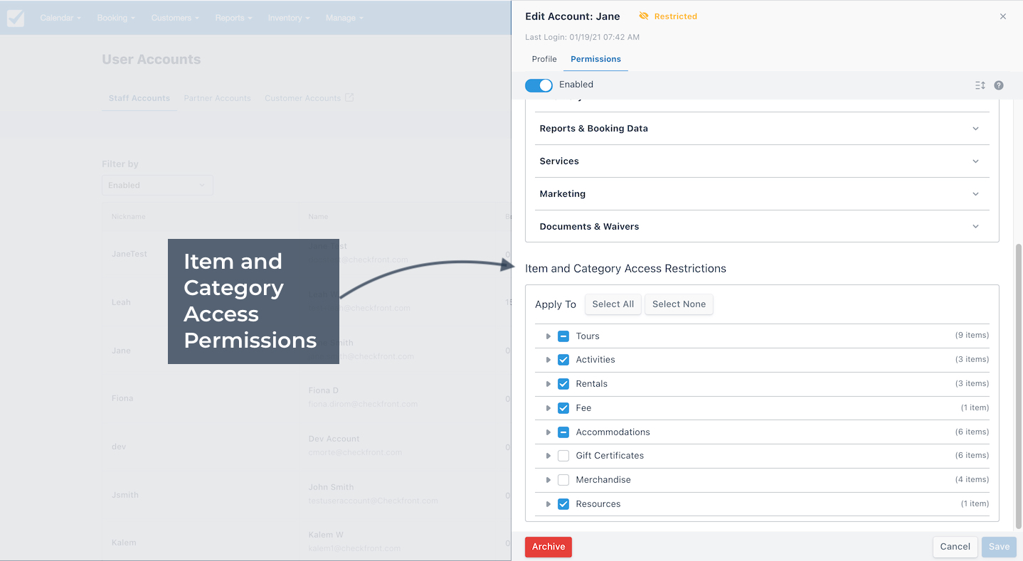 The Item and Category Access Permissions section lists all available groups for controlled access selection.