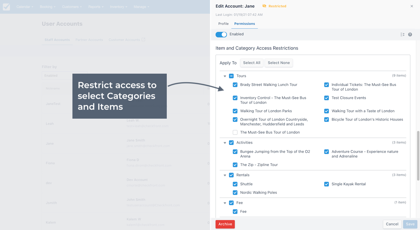 Category and item restrictions allow limiting staff access to specific tours, activities, and rental options.