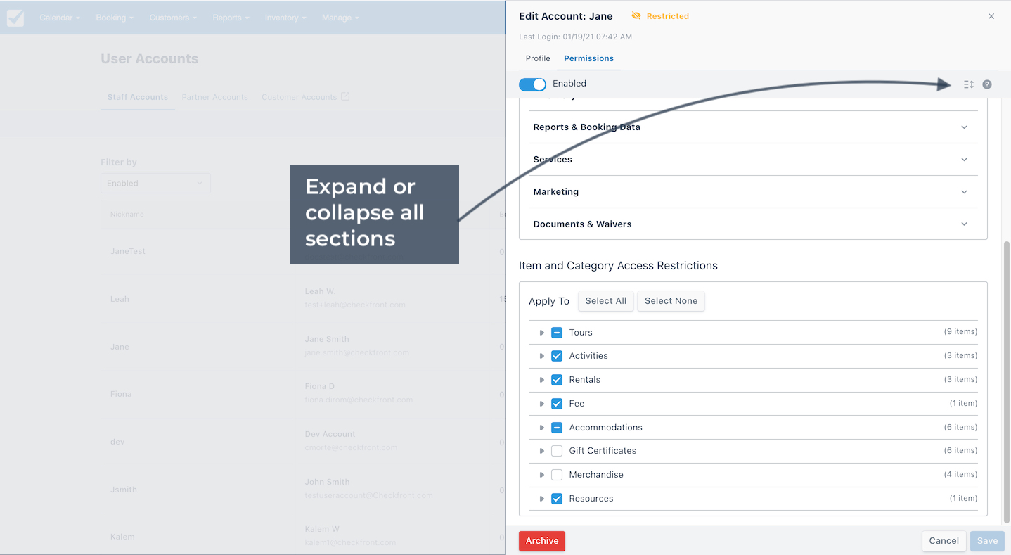 The permissions view includes an option to expand or collapse all sections for easier navigation and review.