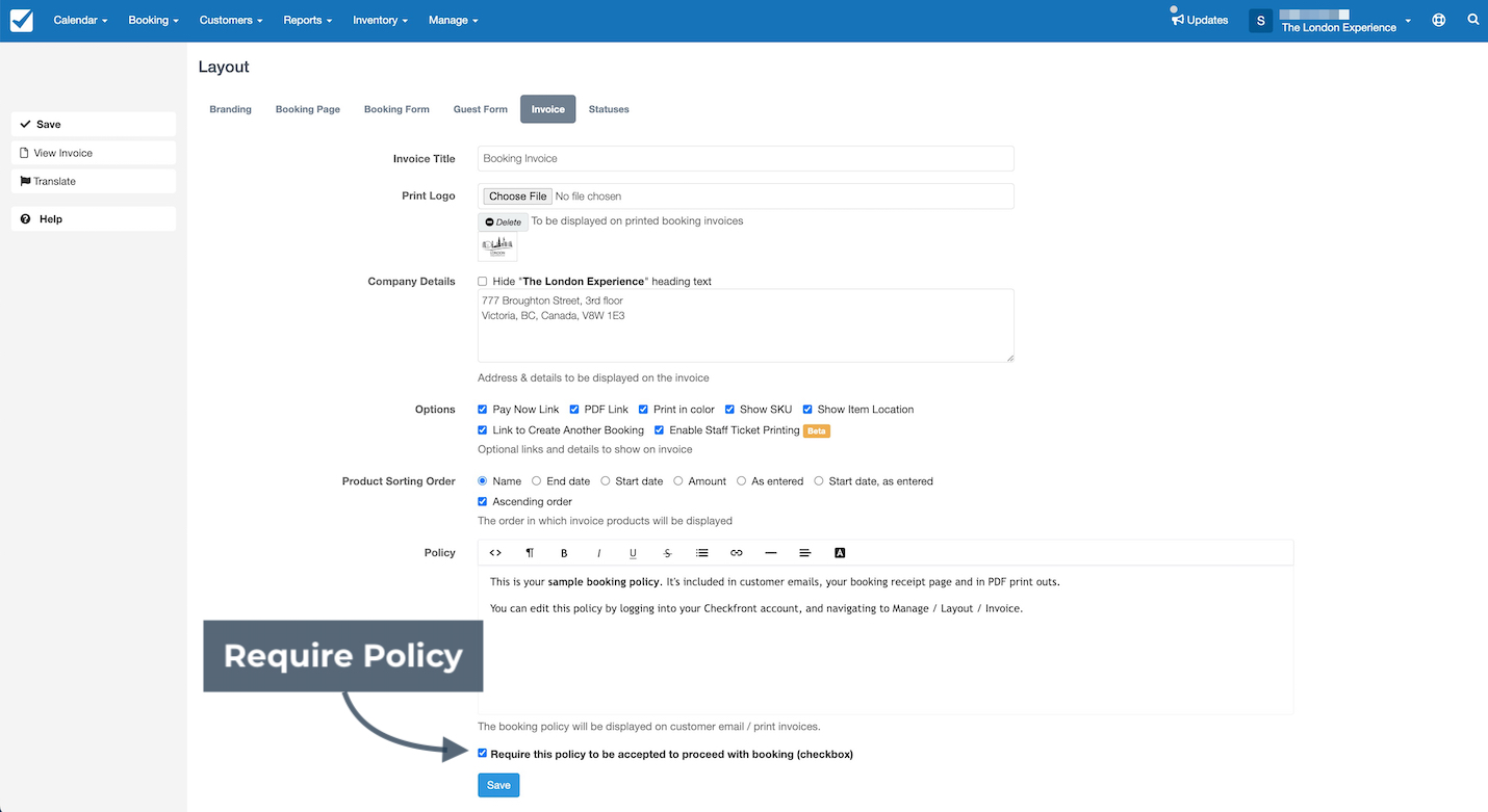 Invoice layout settings page highlighting the Require Policy option that enforces customers to accept booking policies before completing a reservation.