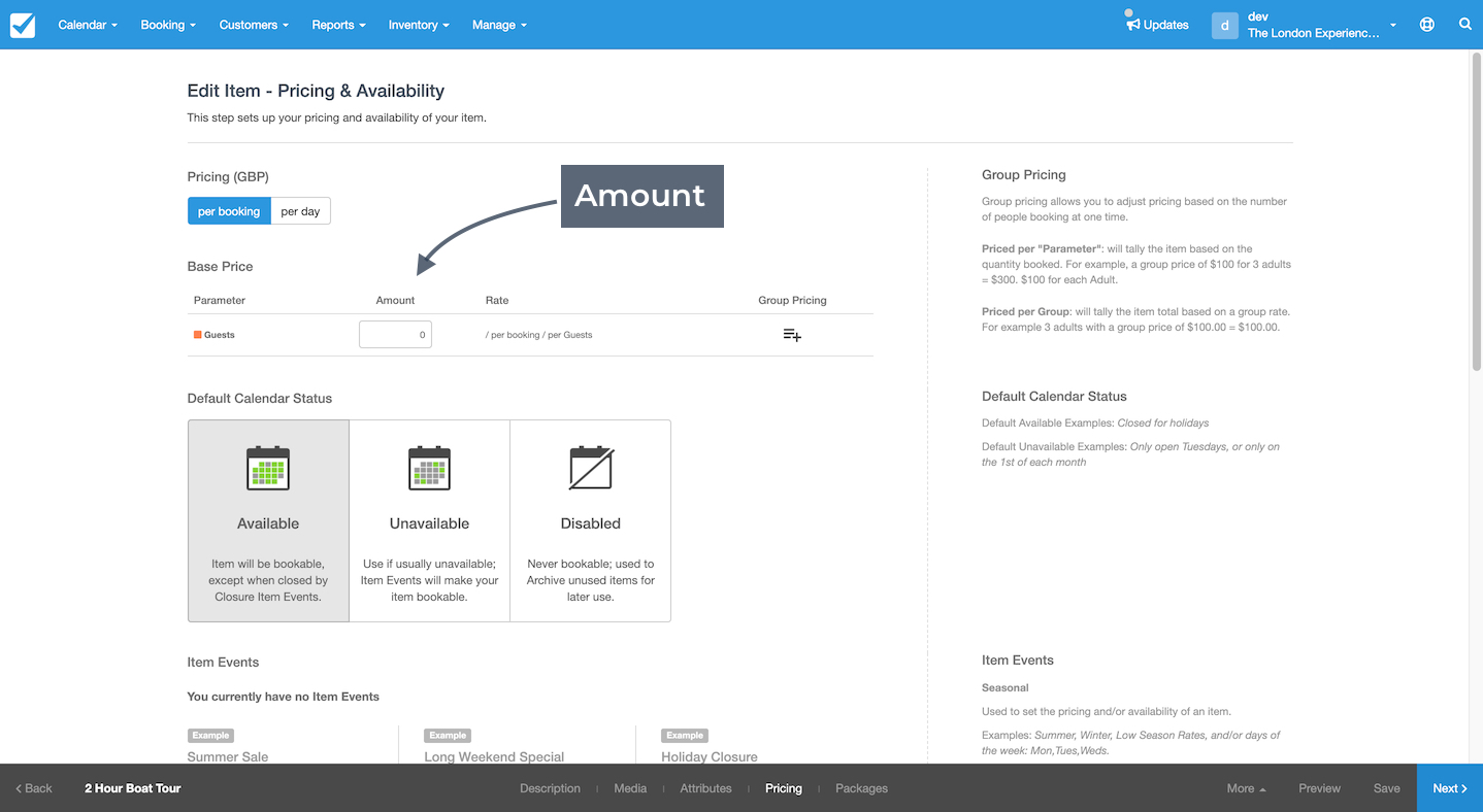 Pricing and availability page with arrow pointing to amount column in the base price table.