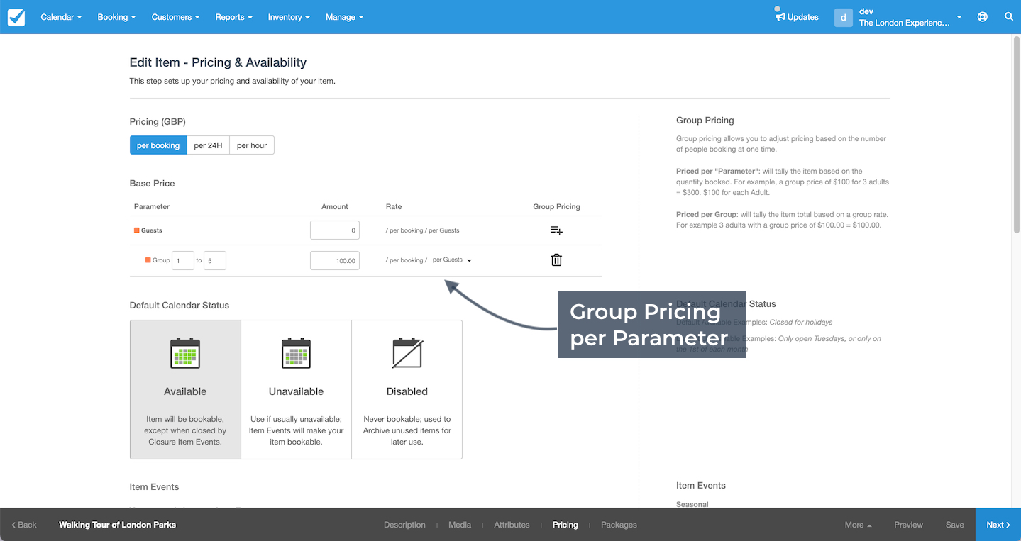 Pricing and availability page with arrow pointing to group pricing per parameter option.