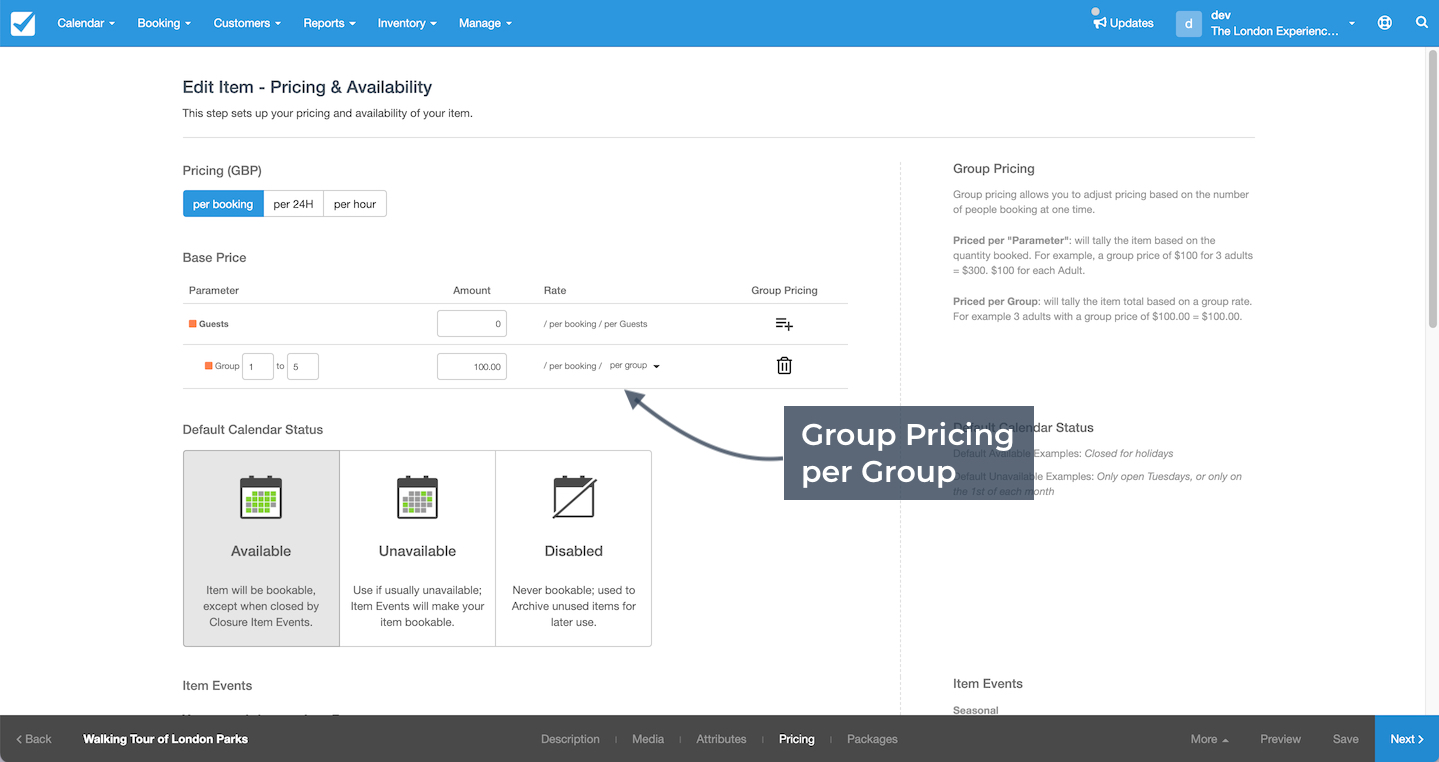 Pricing and availability page with arrow pointing to group pricing per group option in the base price table.