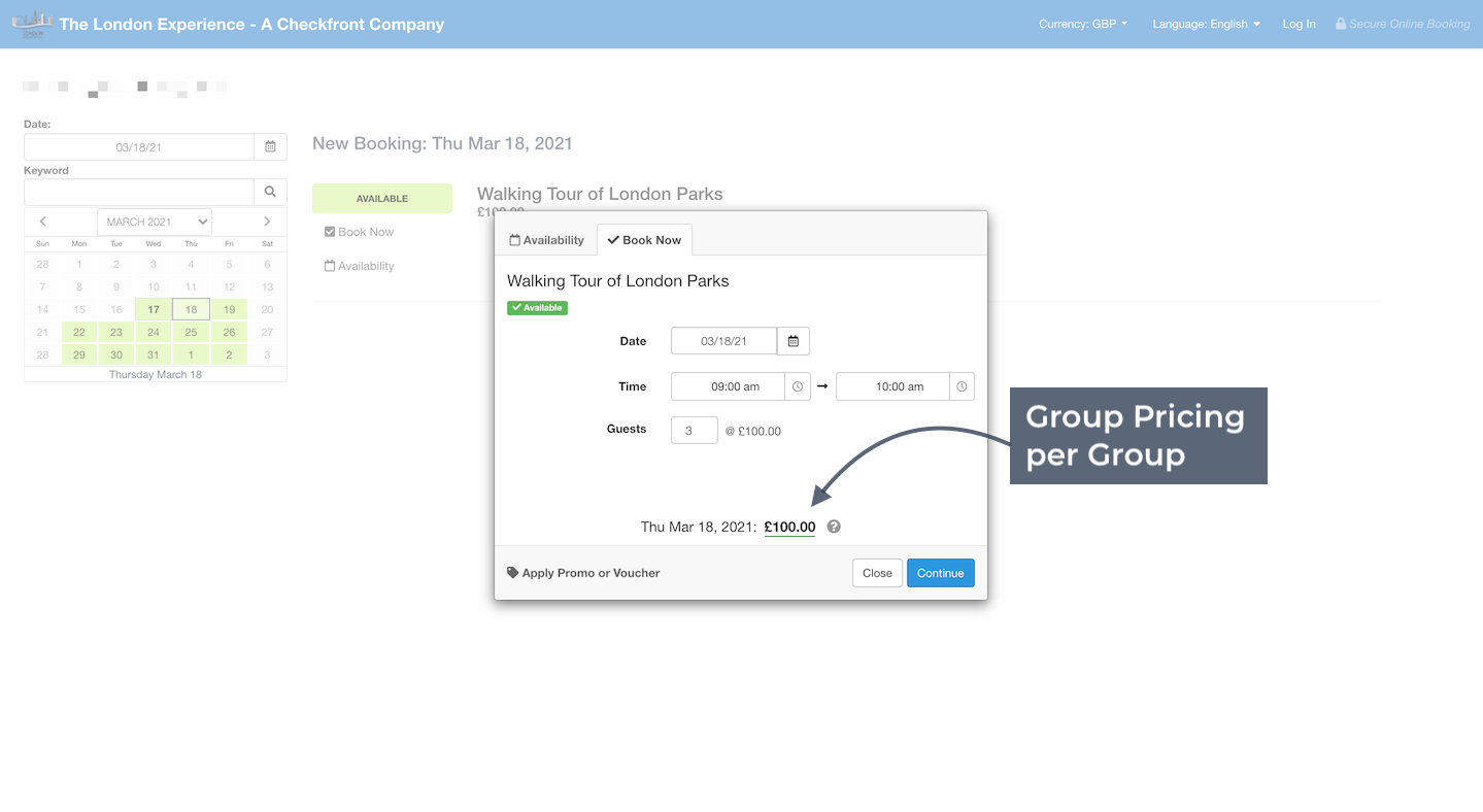 Booking form view showing group pricing per group with total cost displayed.