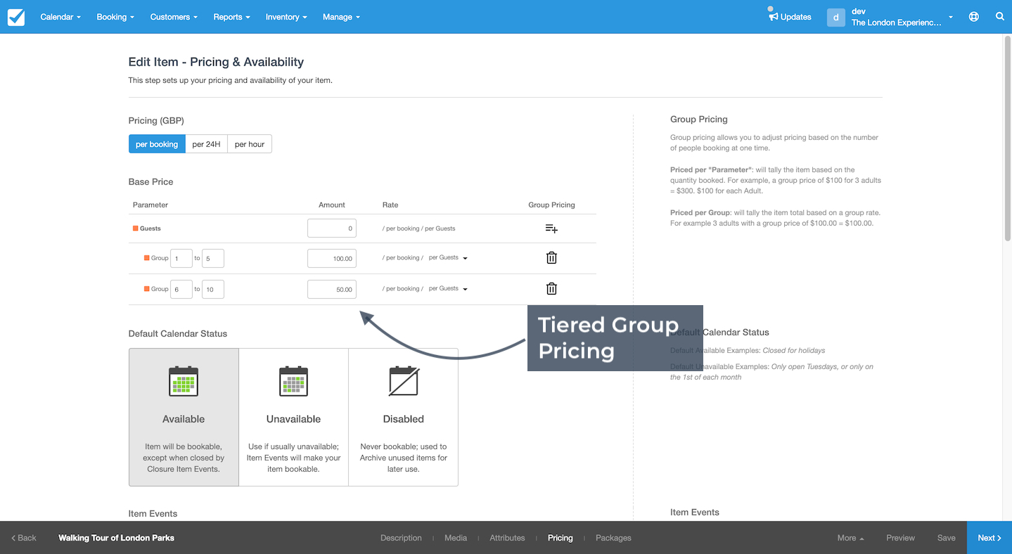 Pricing and availability page with arrow pointing to tiered group pricing setup for different group sizes.