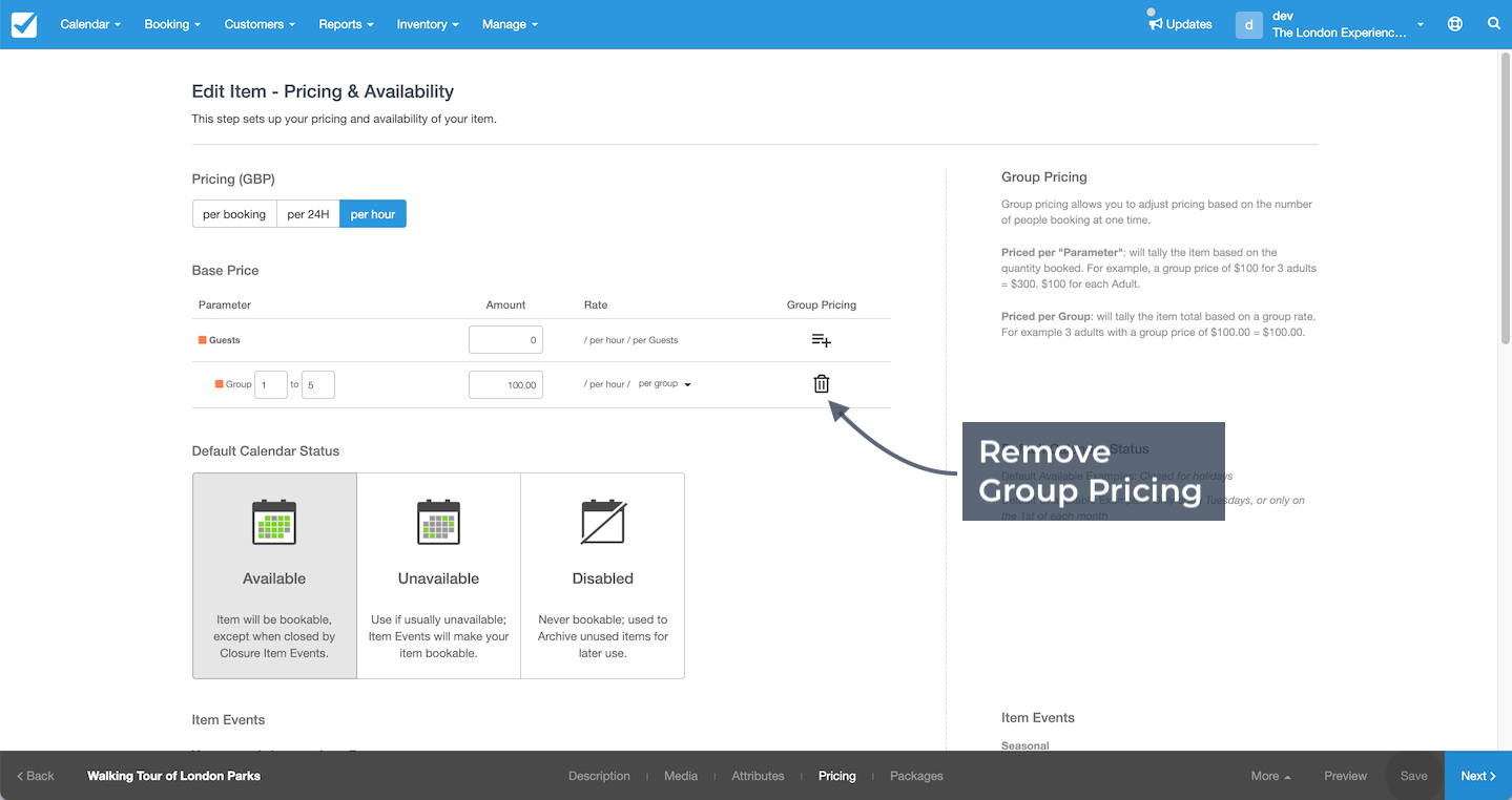 Pricing and availability page with arrow pointing to remove group pricing option in the base price table.
