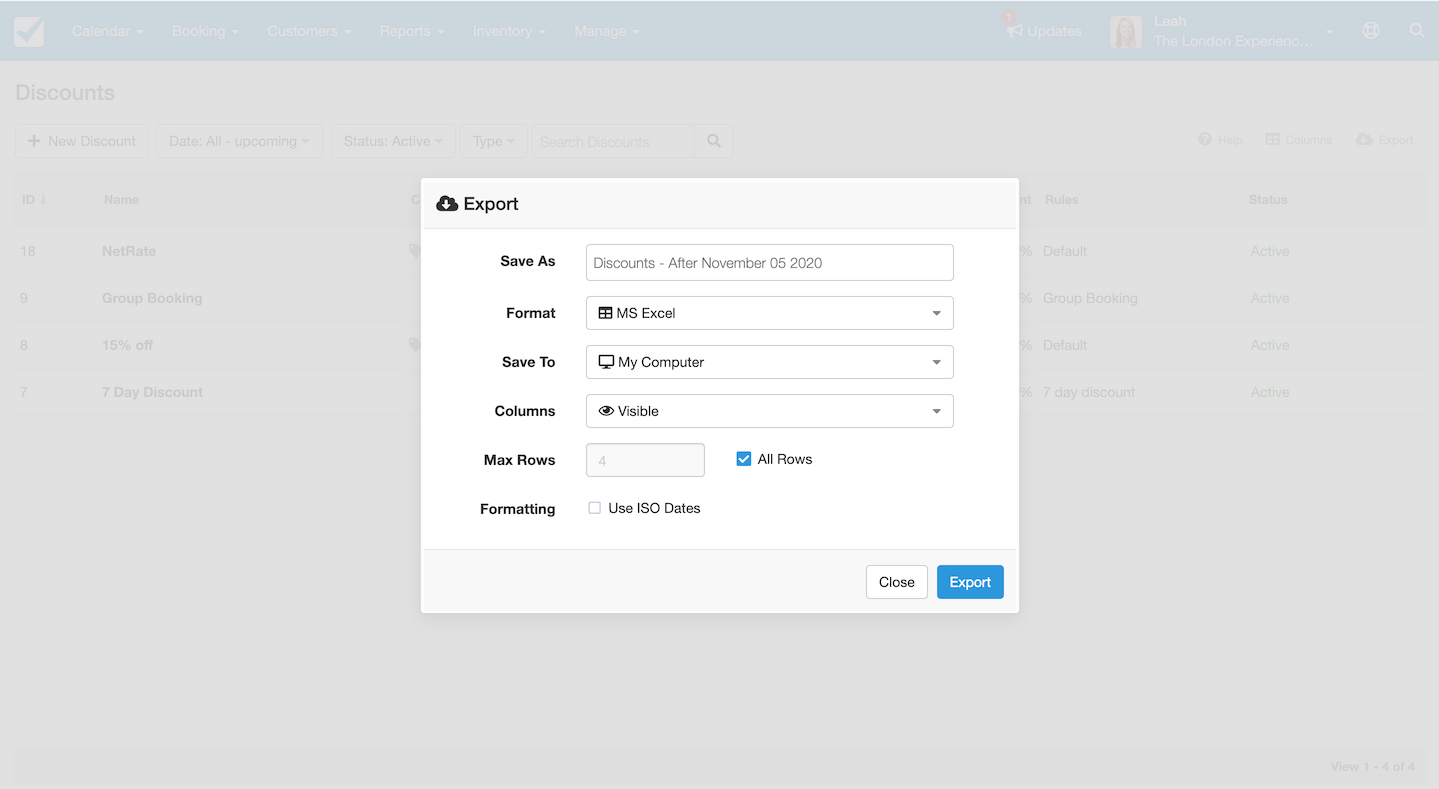 Export popup window open with options to set file name, format, save location, columns, and rows before exporting.
