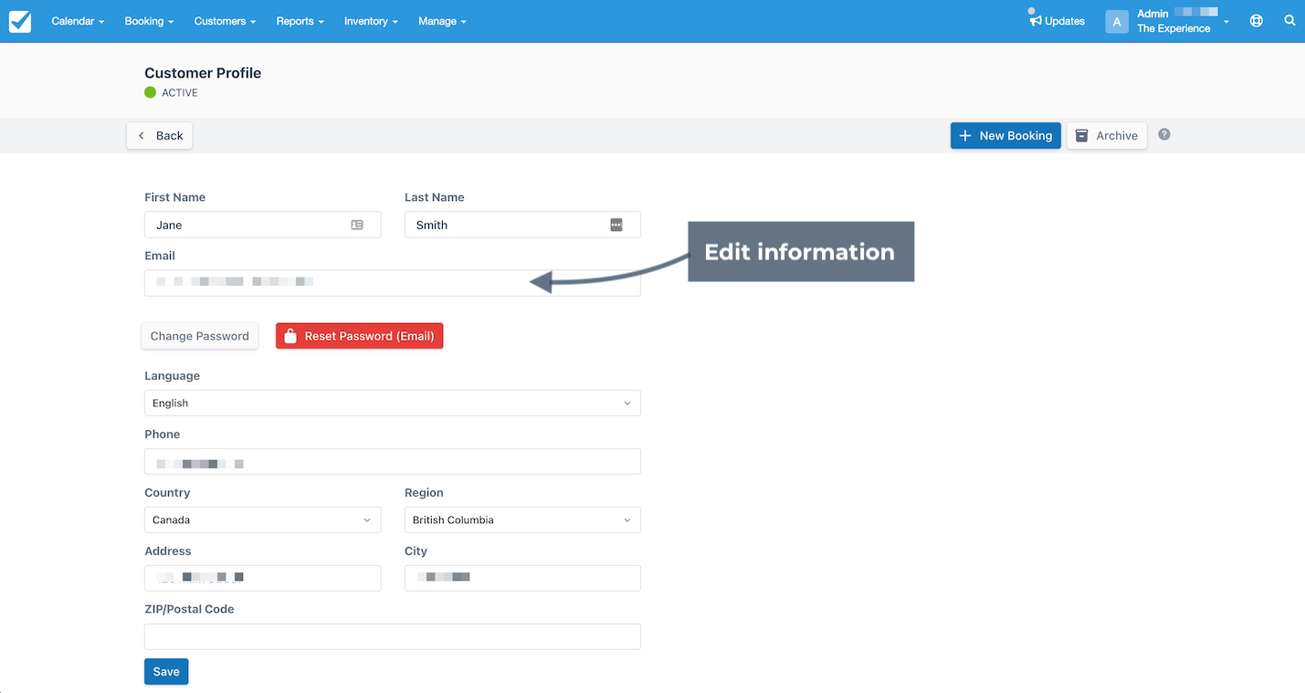 Customer profile page in Checkfront with an arrow pointing to the email field indicating where to edit customer profile information.