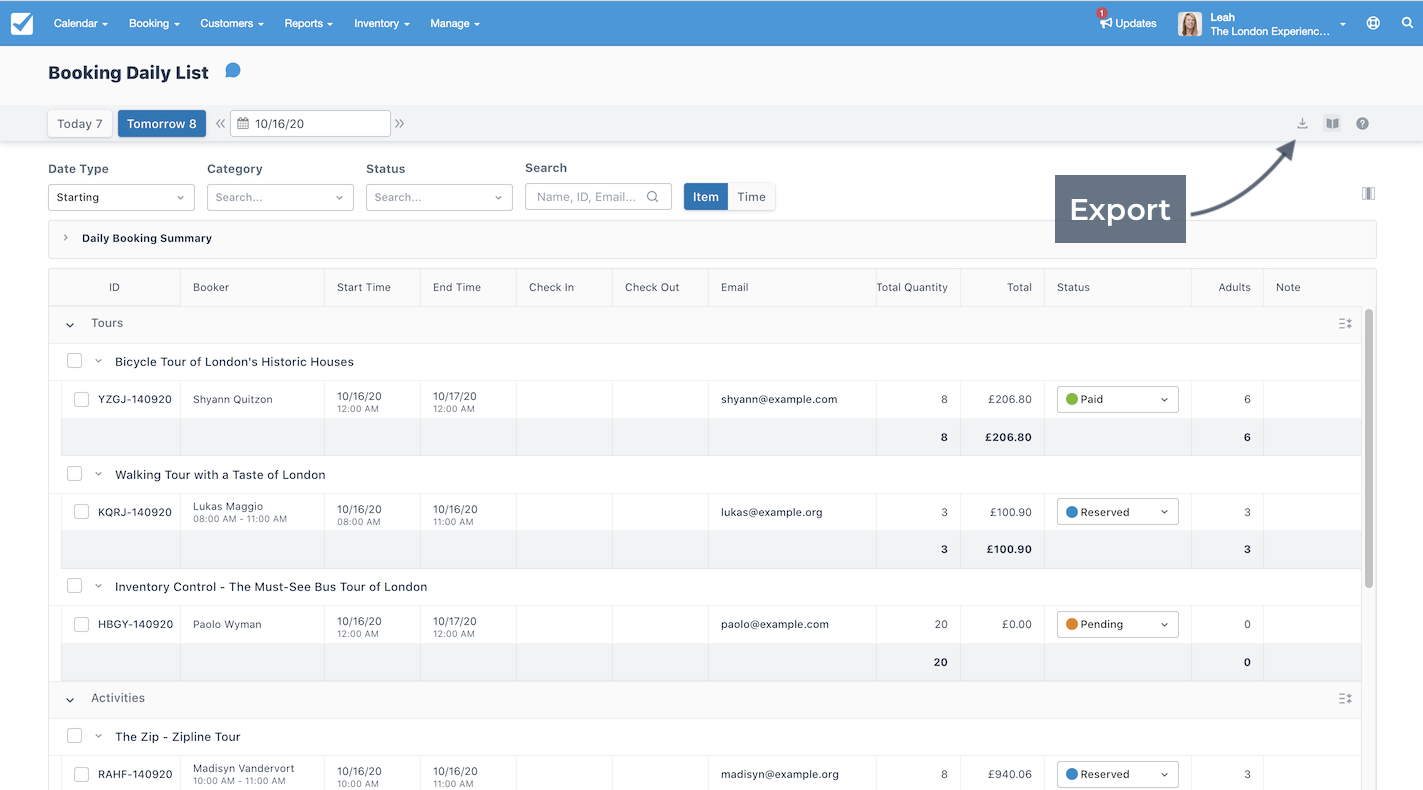 Booking Daily List page with export option highlighted at the top right of the screen.