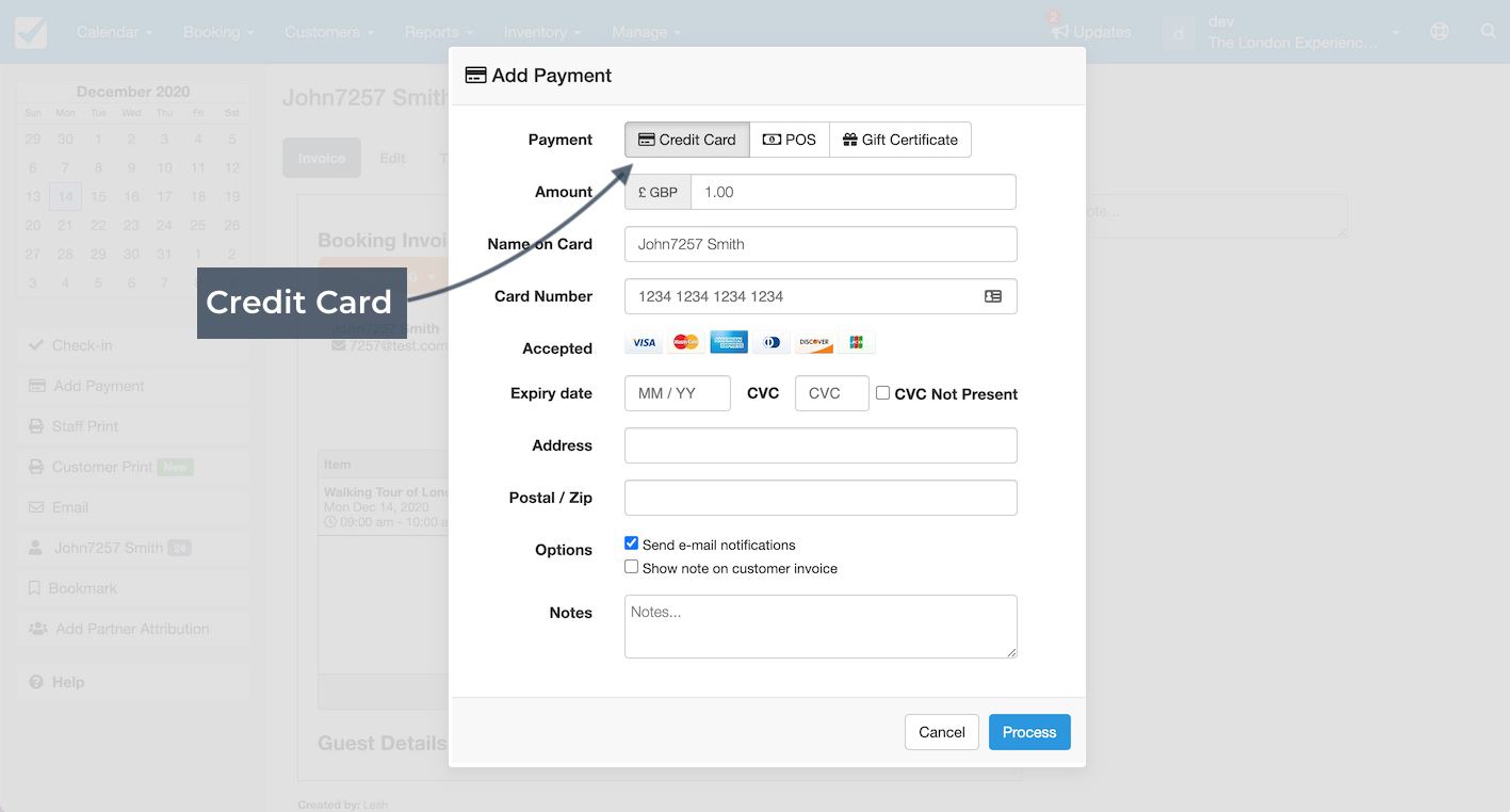 Add payment window showing credit card fields including cardholder name, number, expiry date, and CVC.