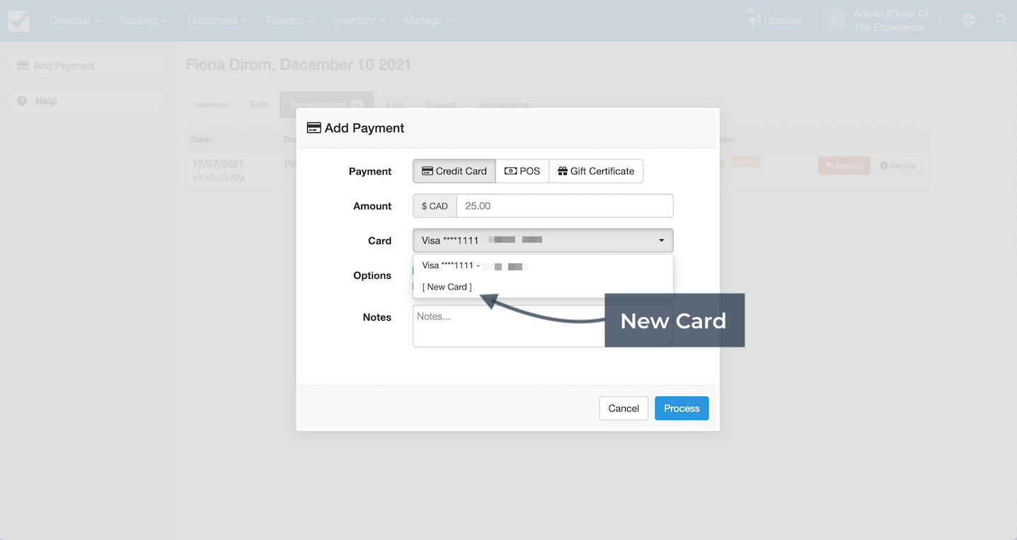 Add payment window showing option to use a new card under stored card details.