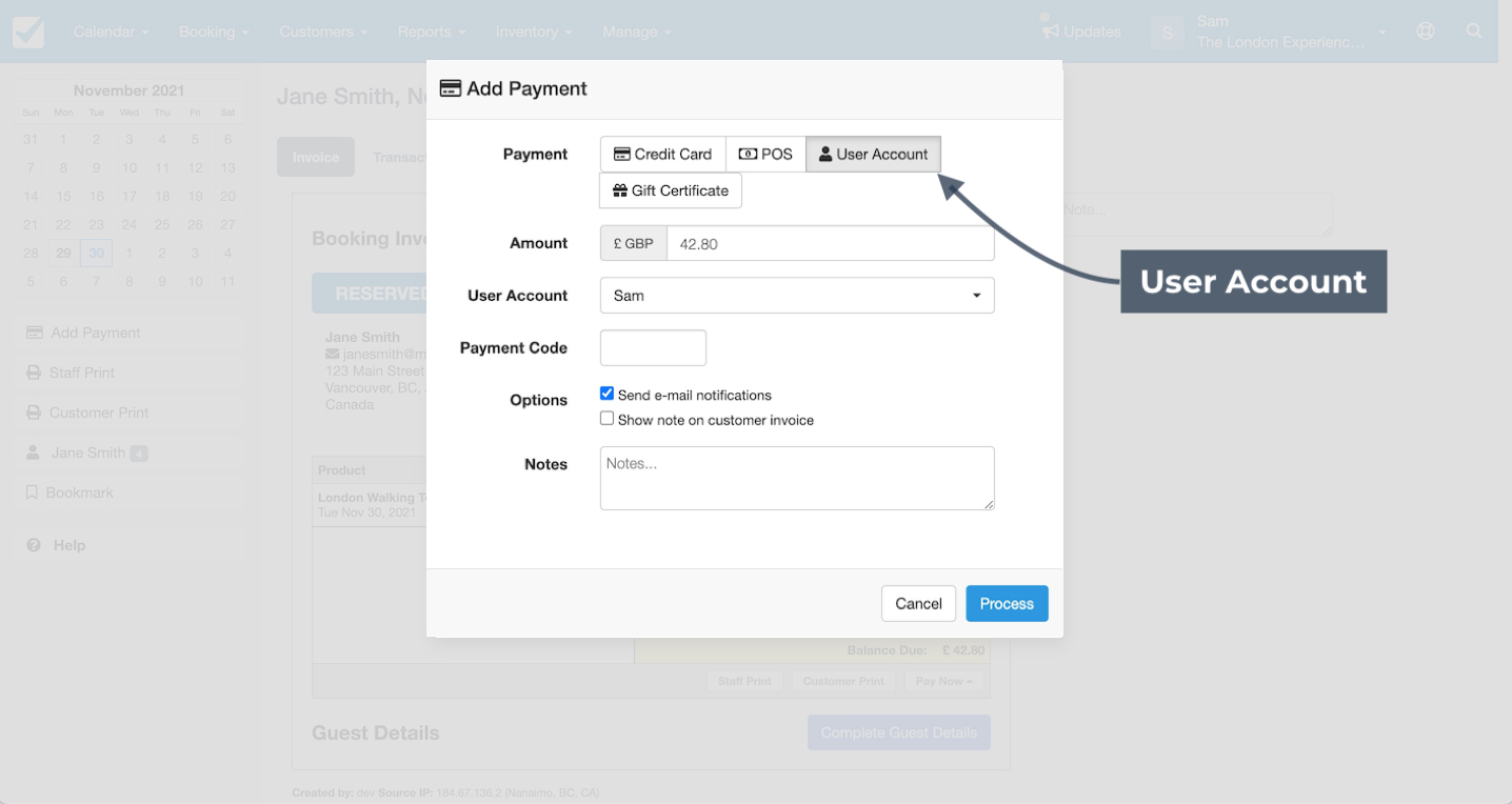 Add payment window with user account selected showing fields for amount, user account, and payment code.