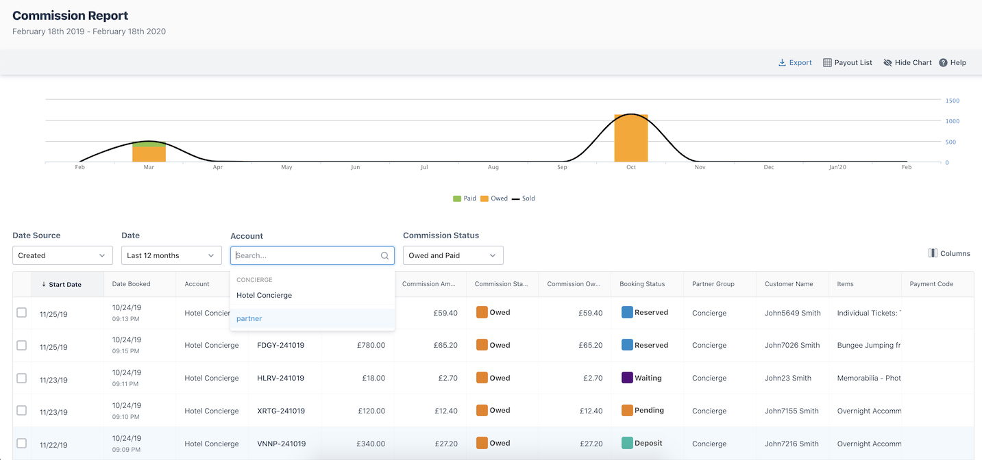 Commission report interface showing account filter dropdown with options for concierge and partner accounts.