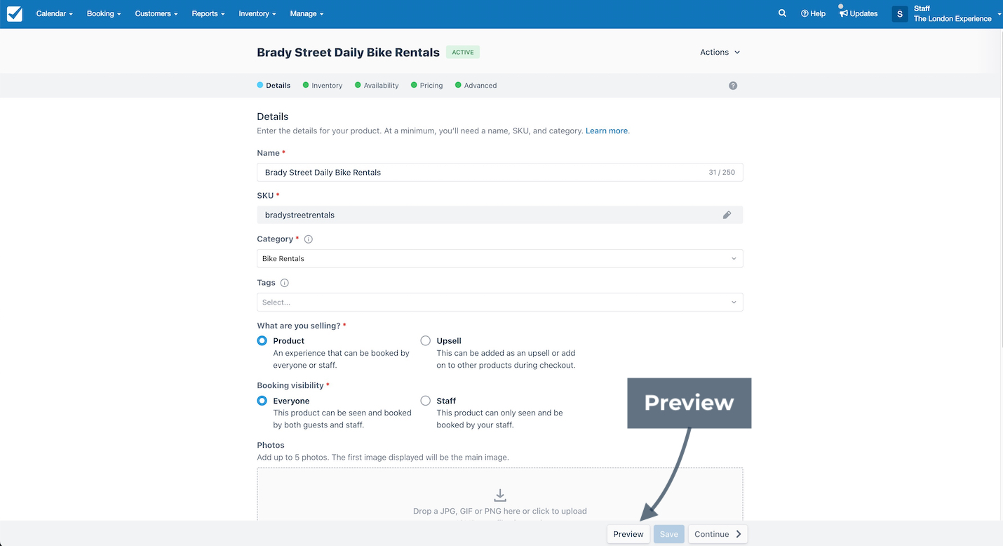 Bike rental product details page showing the Preview button highlighted for Brady Street Daily Bike Rentals setup.
