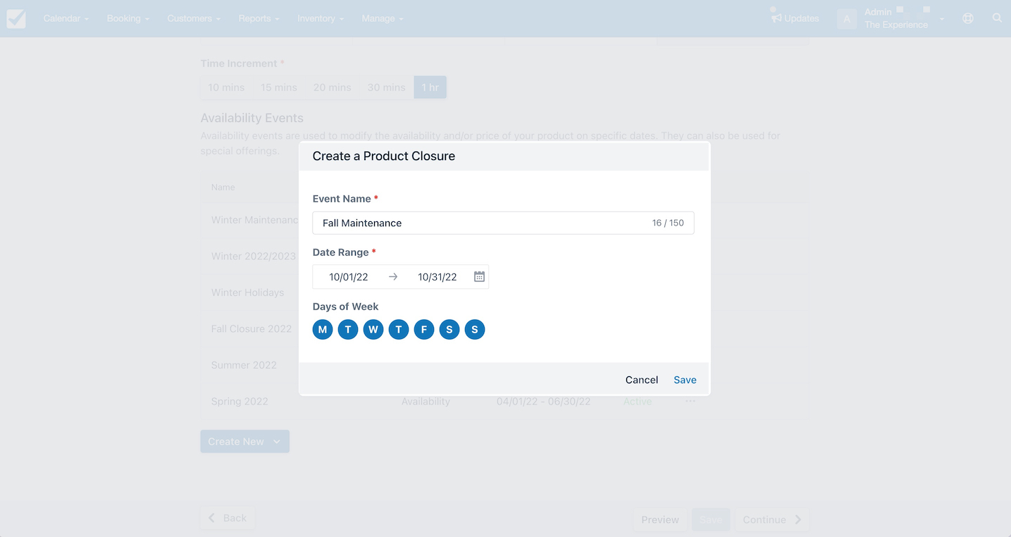Create a Product Closure window with event name Fall Maintenance, date range October 1 2022 to October 31 2022, and all days of the week selected.