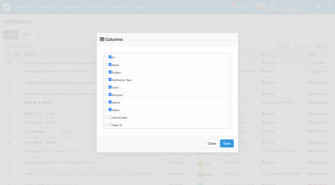 Notifications Columns Modal