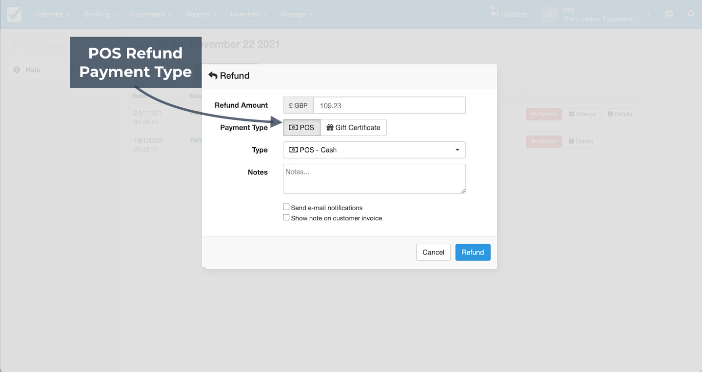 Refund window showing POS refund payment type selection with cash option