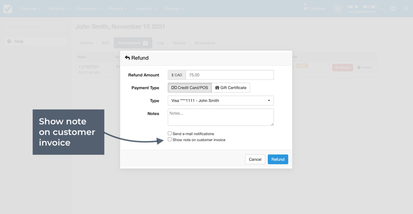 Refund window with option highlighted to show note on customer invoice