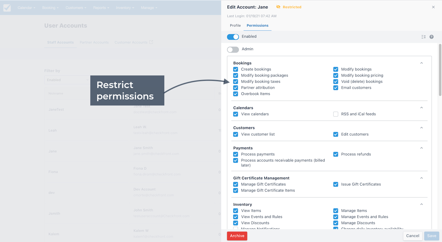 The Edit Account page shows user permissions with selected checkboxes for bookings, customers, and payments to limit staff access.