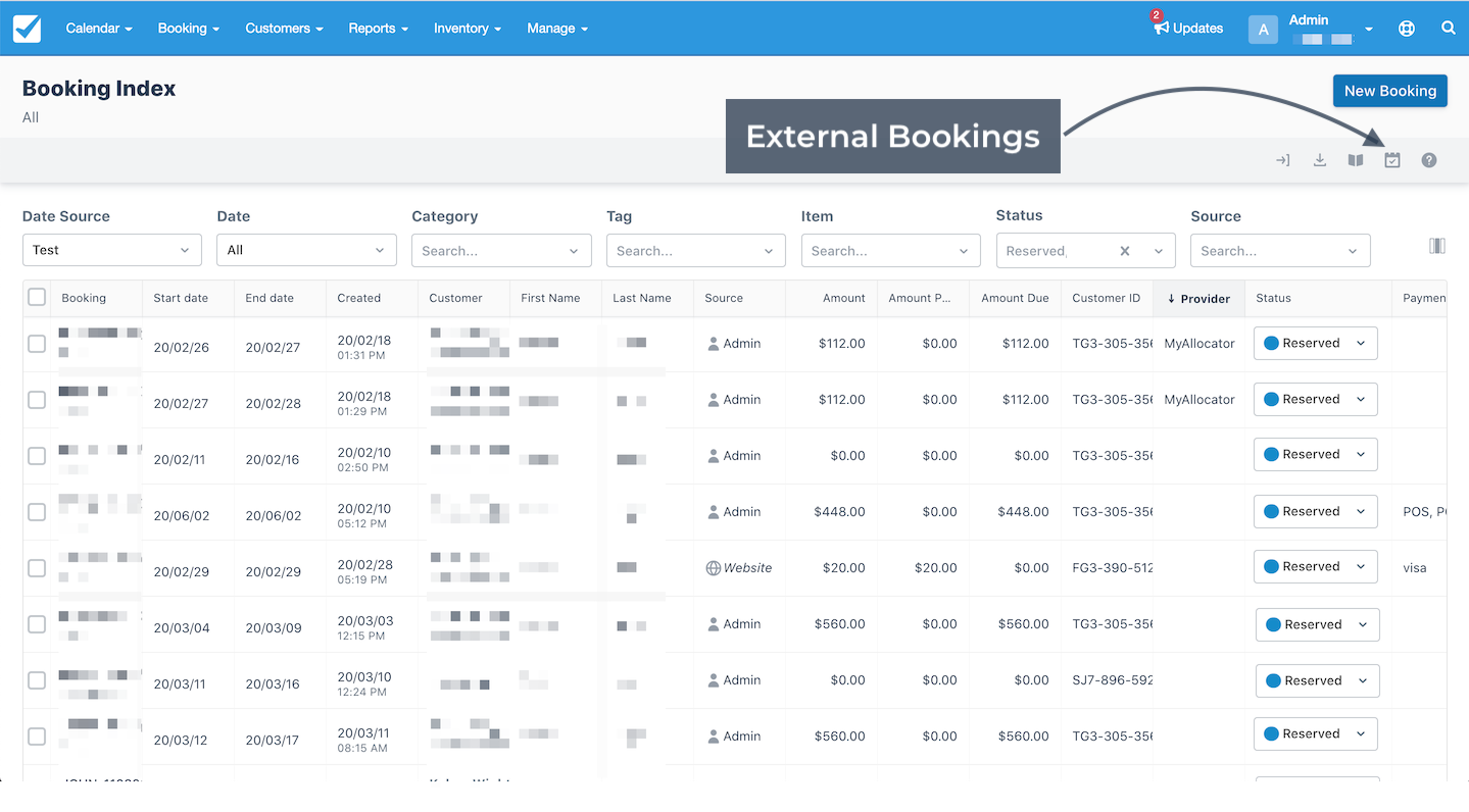 Booking Index External Bookings
