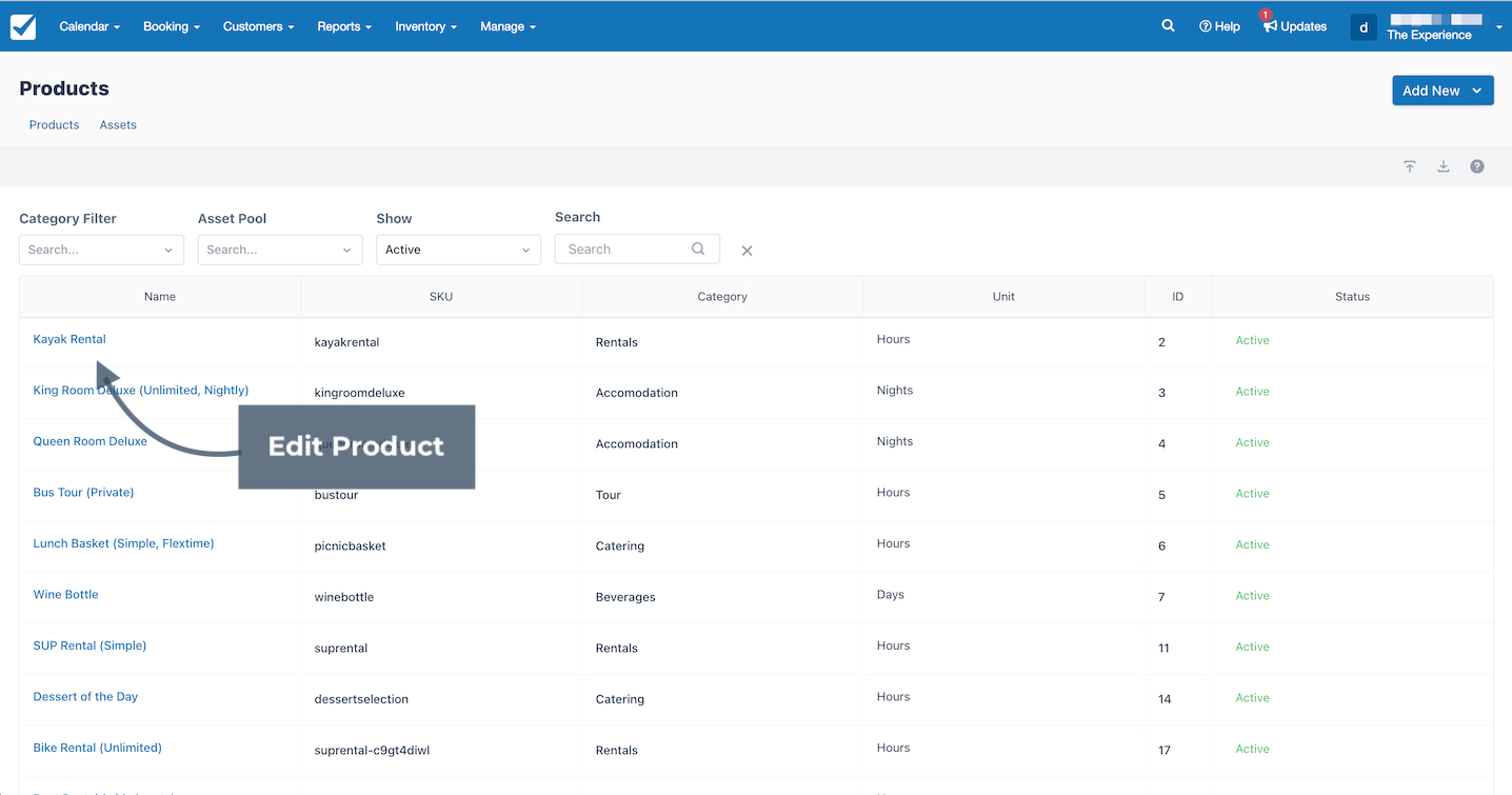 Products list page showing Kayak Rental selected with Edit Product option highlighted in the catalog of active items.
