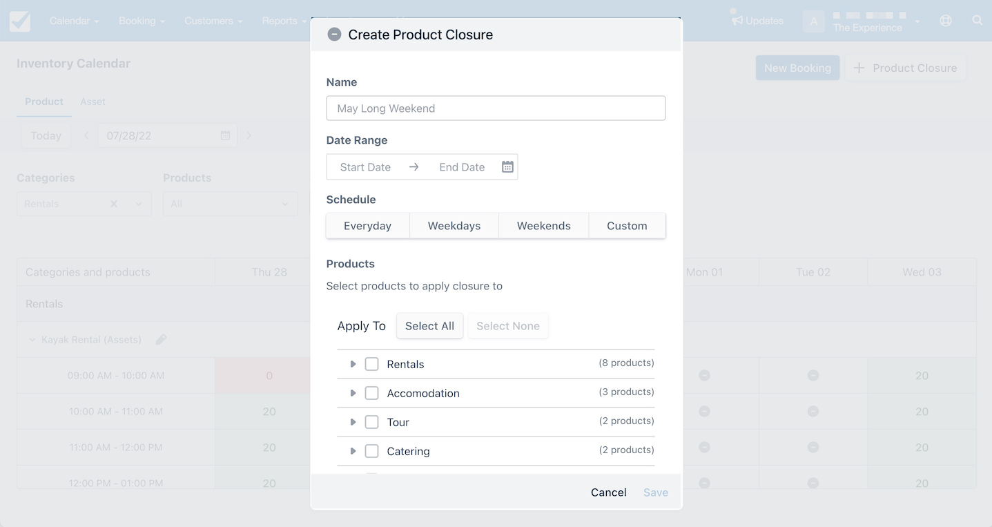Create product closure window showing fields for name, date range, schedule, and product selection.