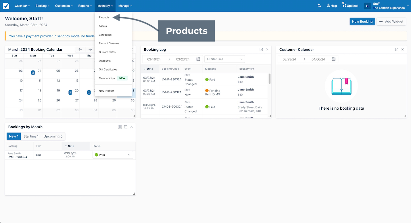Dashboard view with booking calendar and log highlighting the Inventory dropdown menu with Products selected.