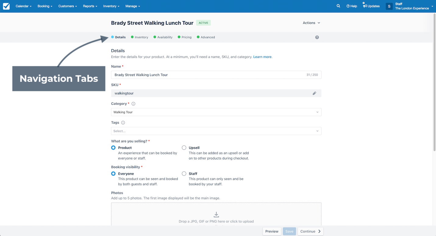 Product details page for Brady Street Walking Lunch Tour showing navigation tabs for details, inventory, availability, pricing, and advanced settings.