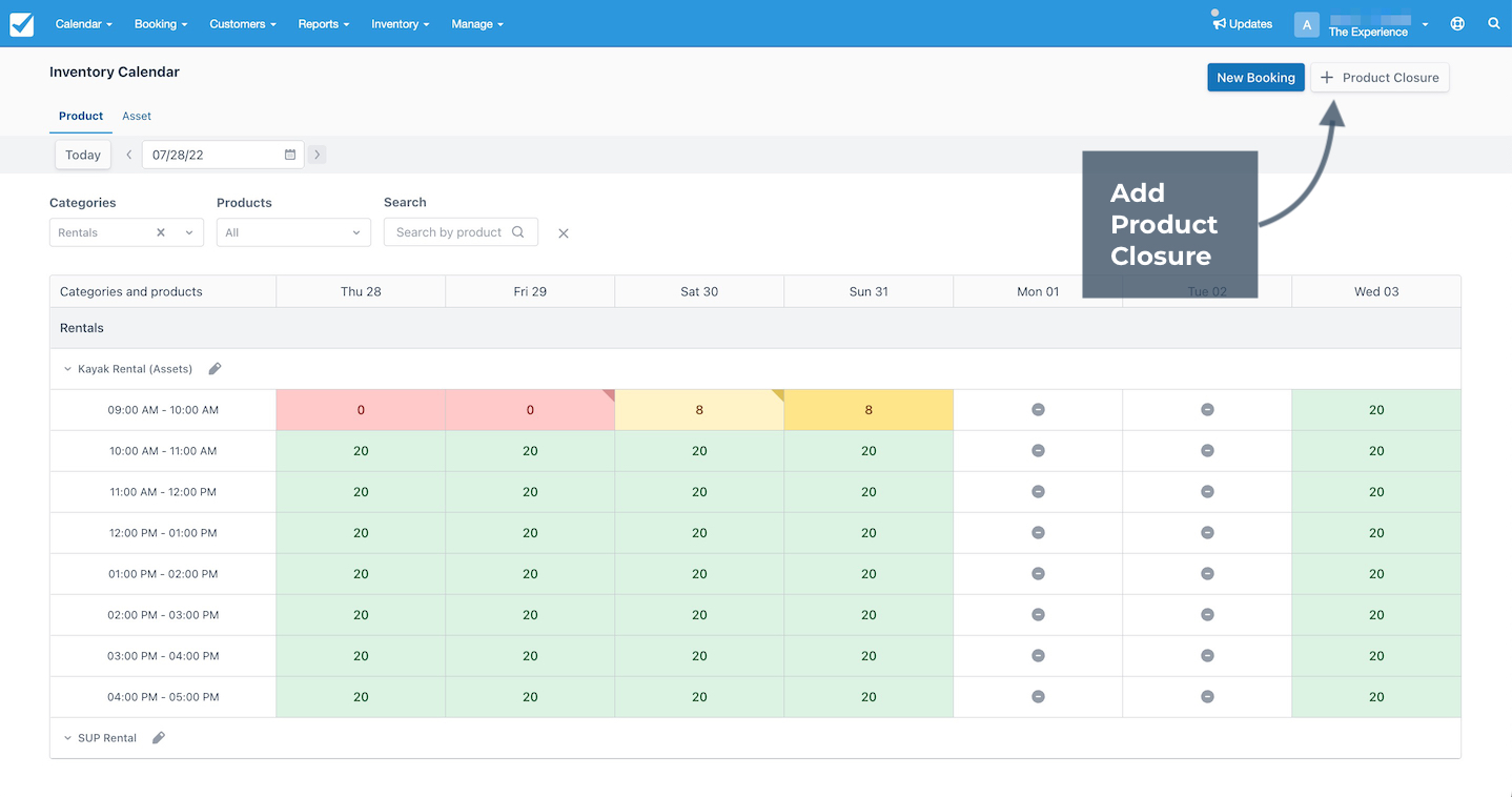 Inventory calendar view highlighting the add product closure button beside new booking.