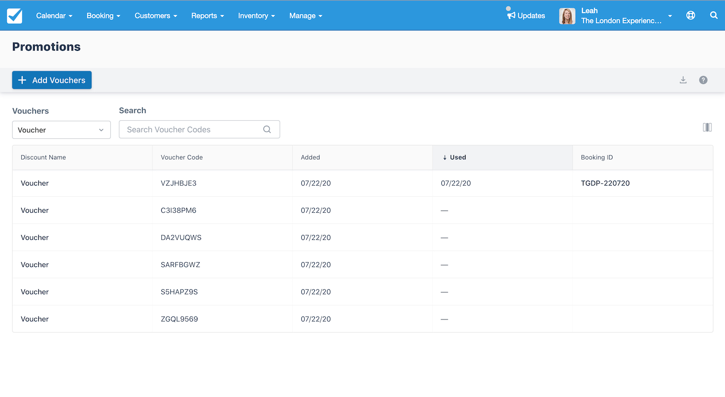 Promotions dashboard showing a list of vouchers with details for discount name, code, dates, and booking ID.